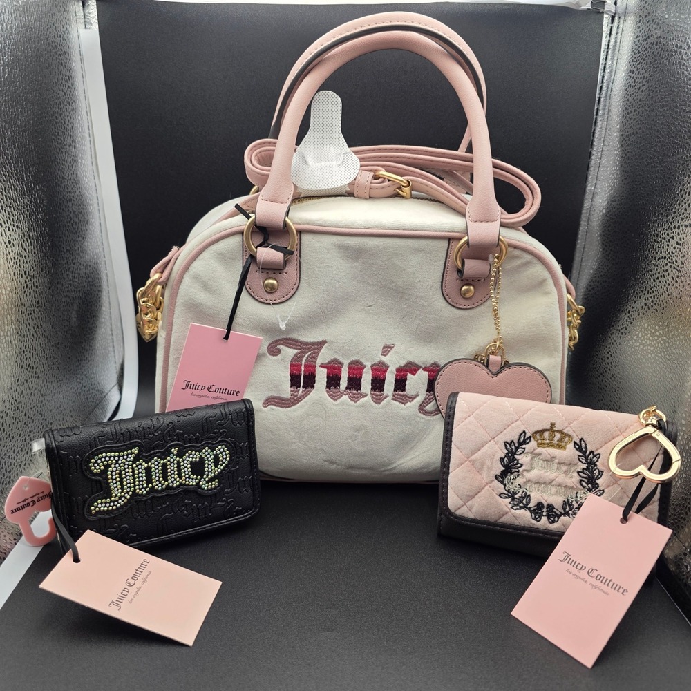 Juicy Couture Retro Vibe Satchel & 2 Trifold Wallets Set Pink Black NWT